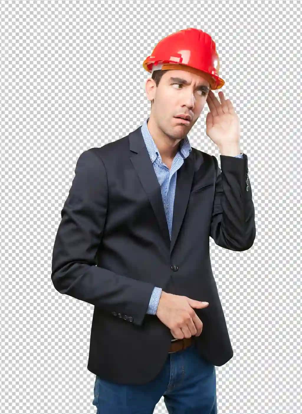 Xavotirga tushgan meʼmor quloq imo-ishorasi bilan | Worried architect with listen gesture