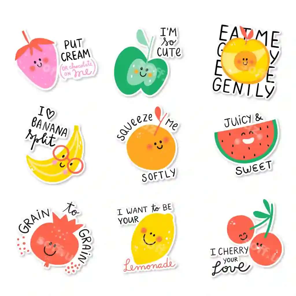 Mini mevalar kulgili iboralar rangli tasvirlangan stiker cutie frutti | Mini fruits funny phrases colorful illustrated stickers cutie frutti