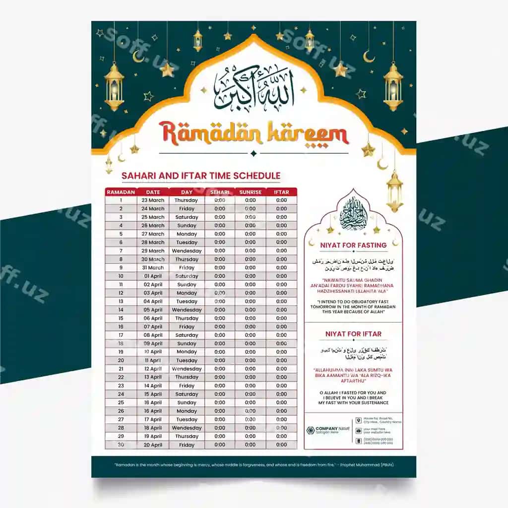 Ramazon kalendari shabloni bilan sherii iftar vaqti jadvali jadvali | Ramadan calendar template with sheri iftar time schedule table