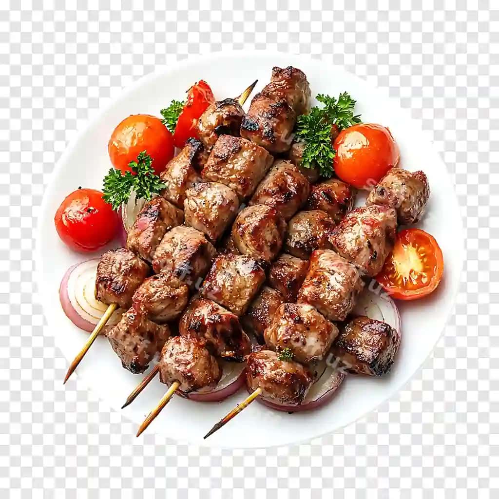 Gozlegan go'shtlik shashliklar, shish kebap qovurilgan, piyoz va pomidorlar bilan, shaffof | Grilled meat skewers roasted shish kebab with onion tomatoes transparent