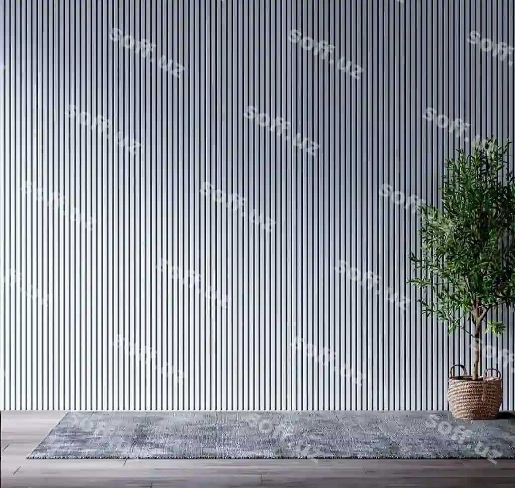Bo'sh xona ichki oq yog'ochli panel, yog'ochli pol, ichki goshtik va oq landskap. | Empty room interior with white wooden panel wooden floor with indoor plant white landscape