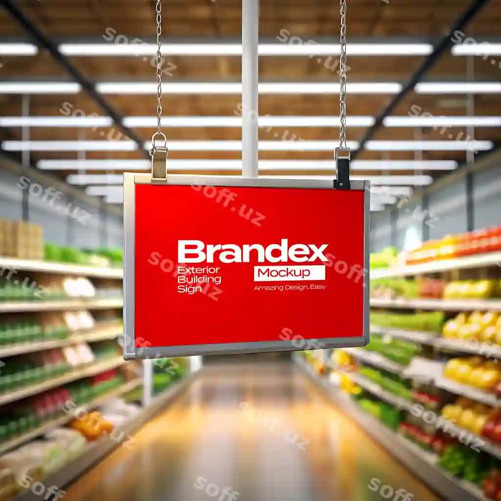 Asma magazin belgisi namunasi tavarlar markazi va supermarket uchun tahrirlanga psd | Hanging retail sign mockup shopping mall supermarket editable psd