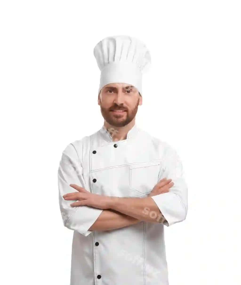 Erkak oshpaz katta yoshli gulman oq fonda | Smiling mature male chef white background
