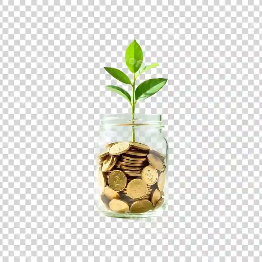 Shaffof fonda yashil o'simlik pul qutisidan o'sib bor | Green plant growing from coins jar transparent background