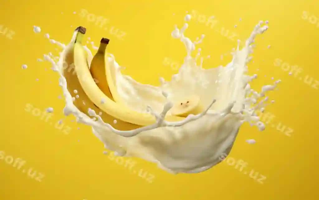 Oq sut chuldiri banan bilan ajraltirilgan sari rangli fonda 3D model | White splash milk with banana isolated yellow background 3d model