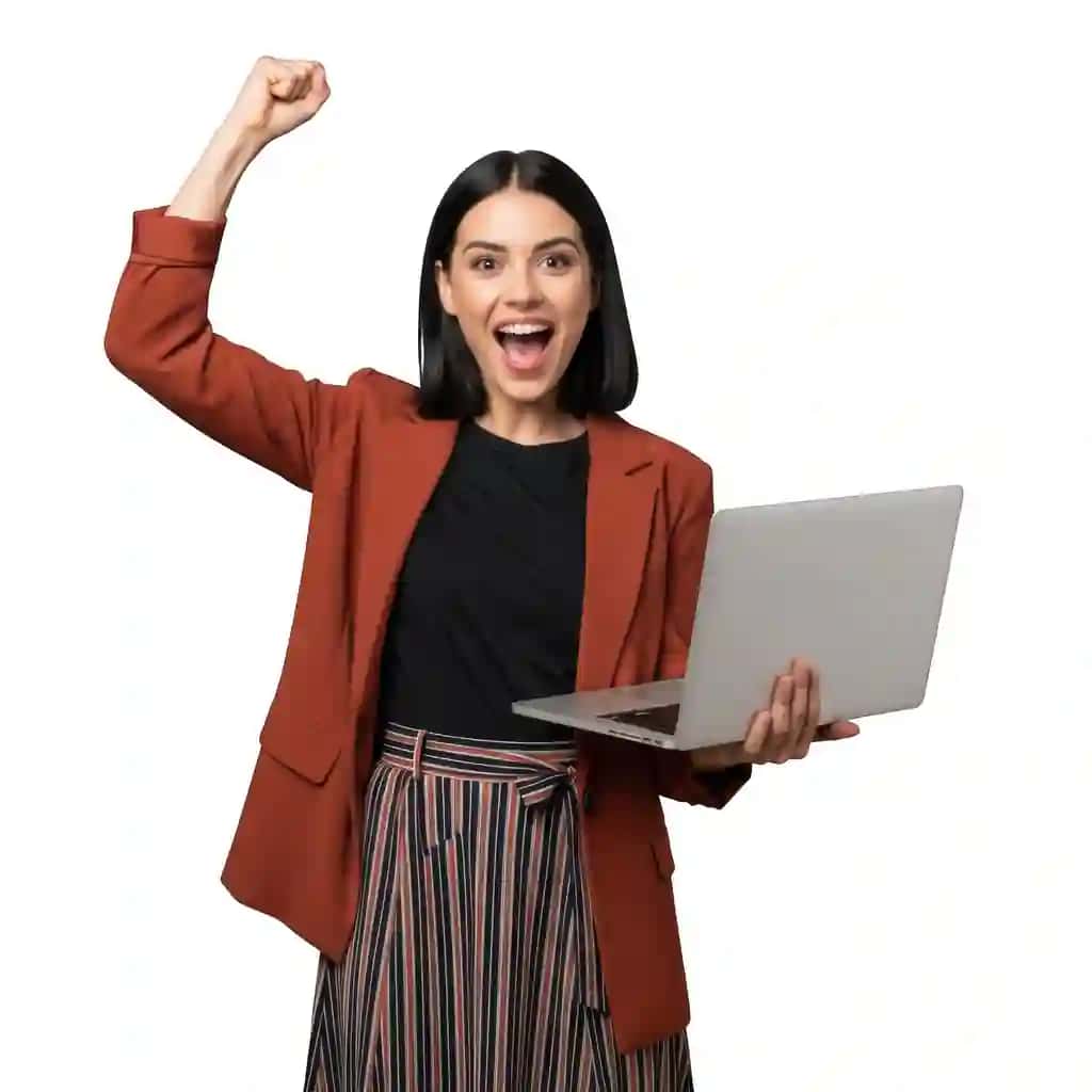 Hayajonlangan ayol noutbukni izolyatsiya qilingan shaffof fonda ushlab turibdi | Excited woman holding laptop isolated transparent background