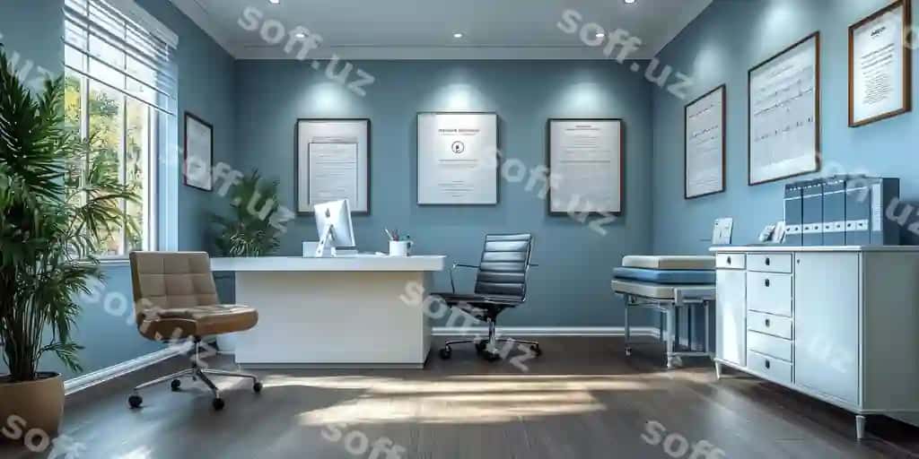 Zamonaviy shifokor kabinetsi ish stoli va muolajat stoli bilan | Modern doctors office with desk examination table