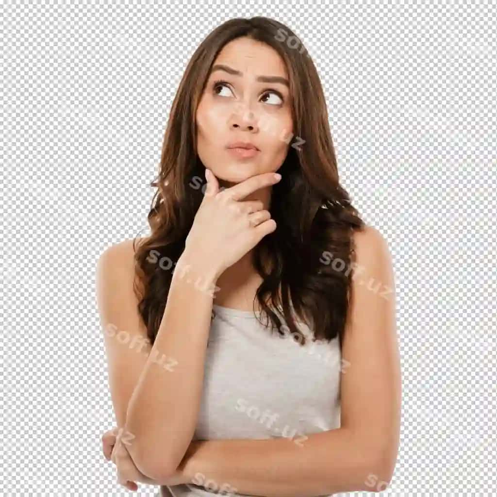O'ylangan qora sochli ayol boshini tutib ko'rsatkazib kulrang | Pensive brunette woman holding her chin looking up gray