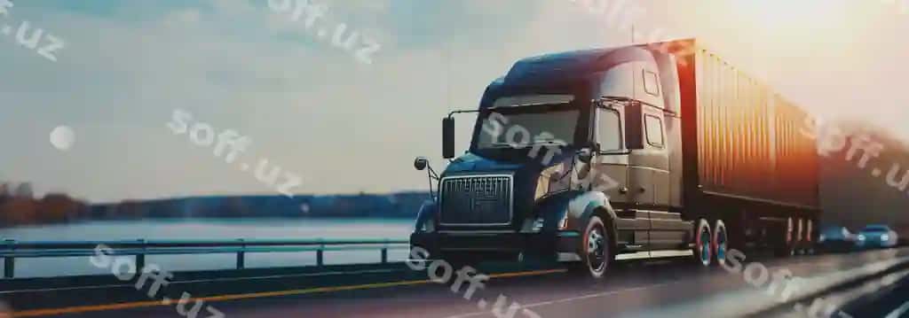Konteynerli yuk mashinasi, tabiiy daryoning 3D tasvirchisi | Truck with container logistic running road background natural river 3d illustrator
