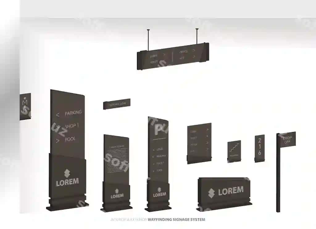 Yoʻnaltirish ijobiy belgilari uchun 3D signage mockup to'plami tashqi ko'rinishi | Wayfinding system 3d signage mockup set direction signs exterior