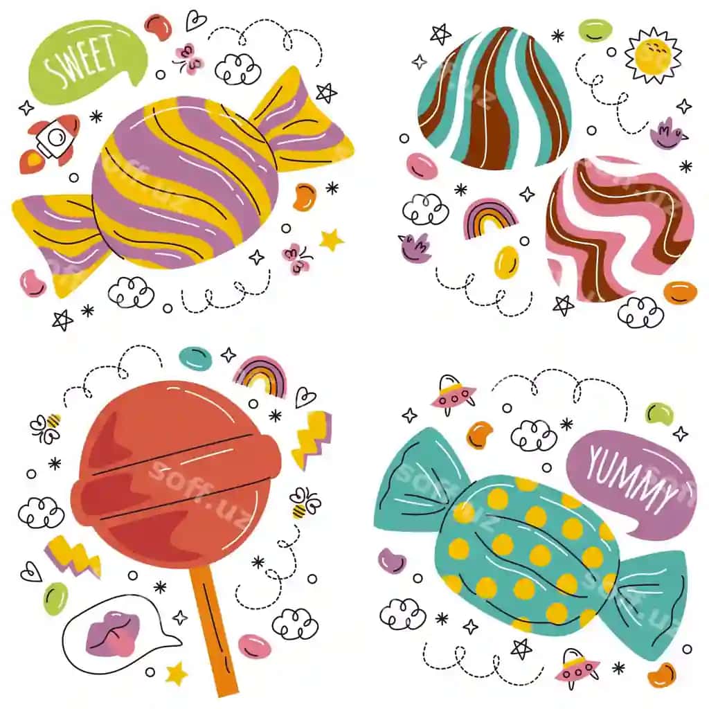 Qozib chizilgan doodle shirinlik stikerlari to'plami | Hand drawn doodle candy sticker set
