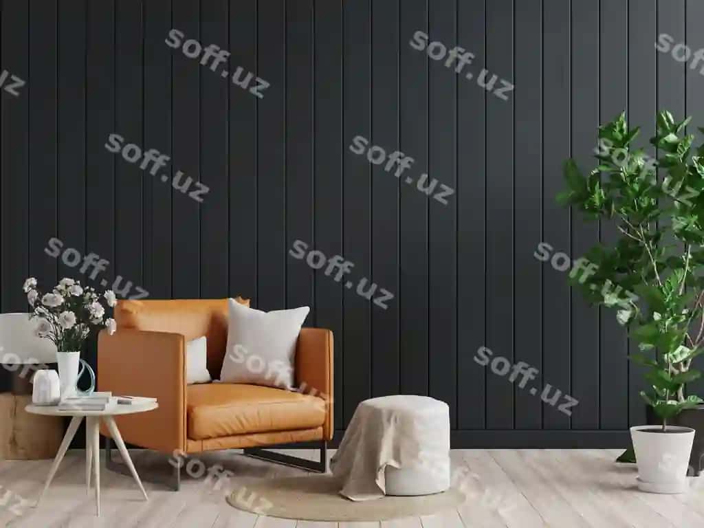 Yashil xona ichki devori qorong'iy ranglar, derazli kreslo, qora yong'oq devor 3D render | Living room interior wall dark tones with leather armchair black wooden wall 3d rendering
