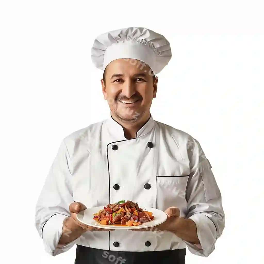 Oshpaz formasi g‘urur bilan tabassum qilmoqda | Chef uniform holding plate food smiling proudly