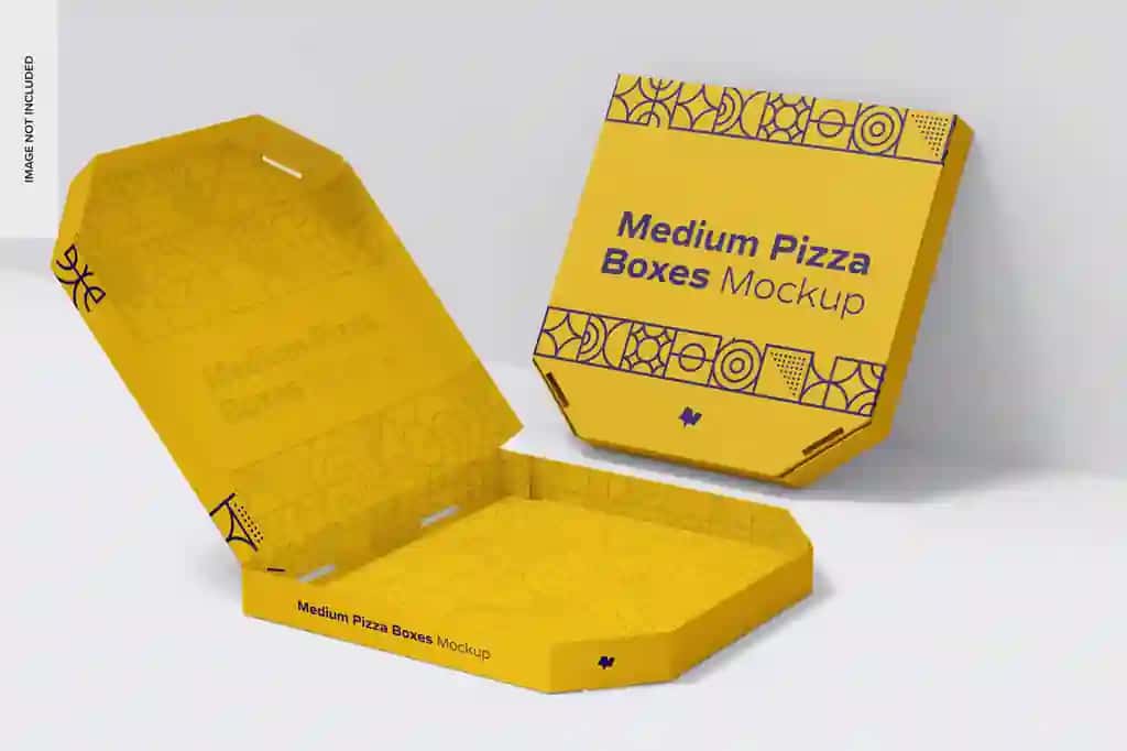Oʻrtacha pizza qutisi maketi istiqbolli koʻrinishi | Medium pizza box mockup perspective view