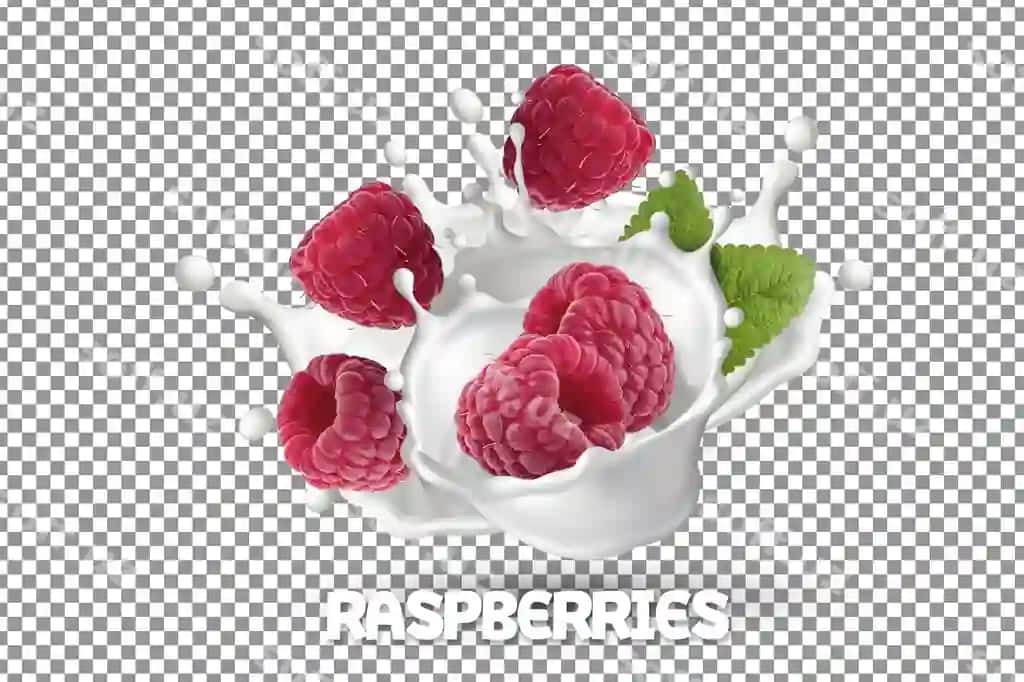 Taze malinalar sutliq yoqurdining bir qoşig'i bilan ajraltirilgan | Fresh raspberries with milk yogurt splash isolated