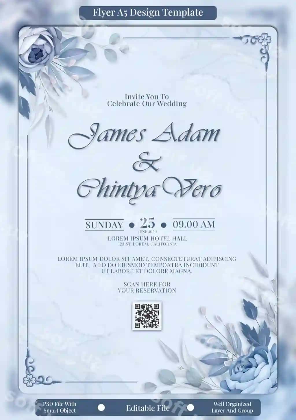 Moviy gulli oqlangan to'y taklifnomasi varaqasi | Elegant blue floral wedding invitation flyer