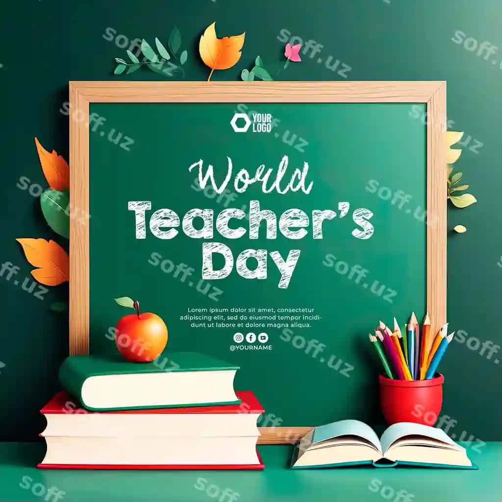Butunjahon o'qituvchilar kuniga bag'ishlangan plakat shabloni | World teachers day poster template with blackboard background educational