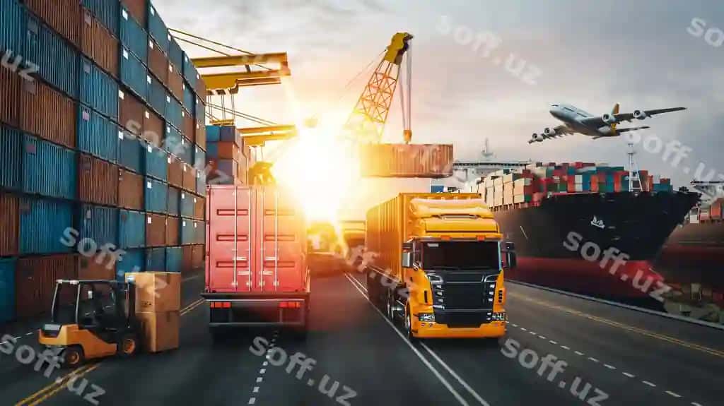 Transport logistikasi konteyner yuk gemi yuk samolyoti 3d rendering illustratsiyasi | Transportation logistics container cargo ship cargo plane 3d rendering illustration