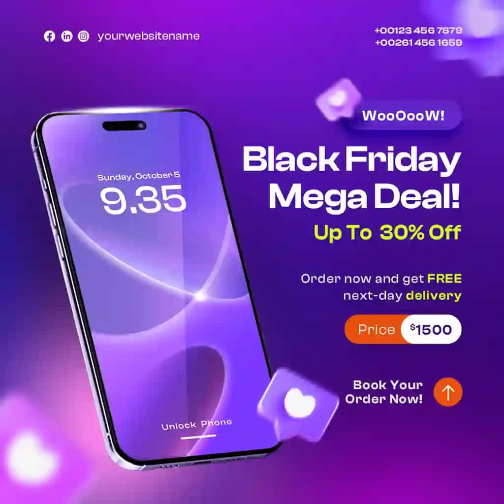 Qora juma mega bitimi ijtimoiy media post dizayn shabloni | Black friday mega deal social media post design template