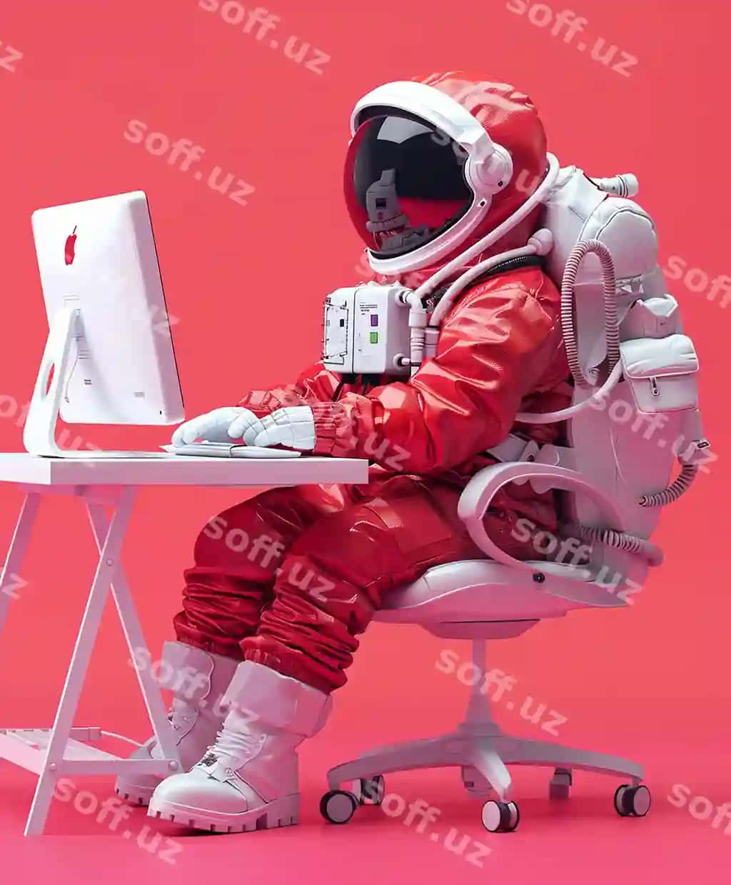 Astronavt kostyumi kompyuter bilan stolda turibdi | Astronaut astronaut suit sits desk with computer