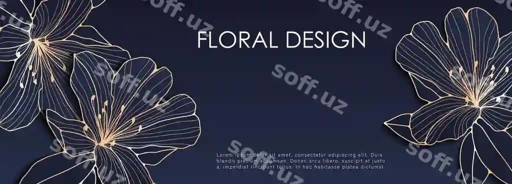 Boylik qora ko'k gulli dizayn o'ttiz chiziqlari bilan azalea gullari | Luxurious dark blue floral design with gold outlines azalea flowers