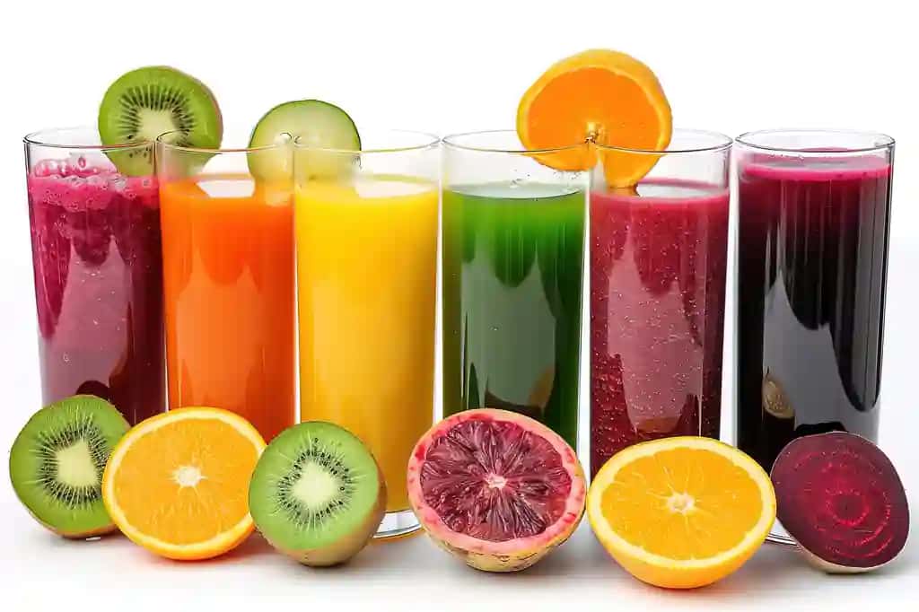 Mevali sabzavotli stakanlardan yangi sharbat quyiladi kontseptual tasvir | Conceptual image fresh juice pours from fruits vegetables glasses