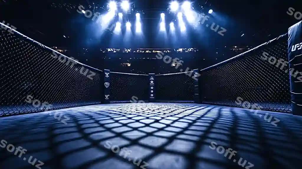 Bo'sh profesional kurash uchun oktagon kletka, urushchilarni kutyapti, spotlightlar. | Empty professional fighting octagon cage awaiting fighters spotlights