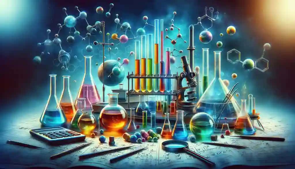 Molekulalar bilan o'ralgan turli xil shisha idishlar mikroskopli globusli vintage kimyo laboratoriyasi ilmiy belgilar tushunchasi retro fan kimyoviy tahlil ilmiy tadqiqot | Vintagestyle chemistry lab with various glassware microscope globe surrounded by molecules scientific notations concept retro science chemical analysis scientific study