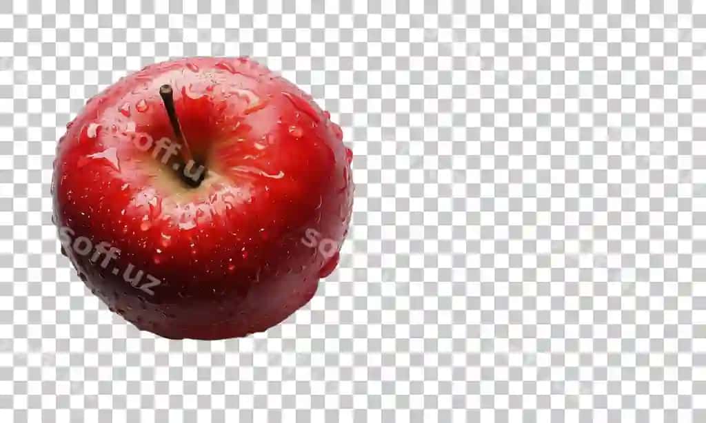 Yangi yuvilgan qizil olma damaklar bilan parlaydi toza fonda | Freshly washed red apple glistening with droplets against clean