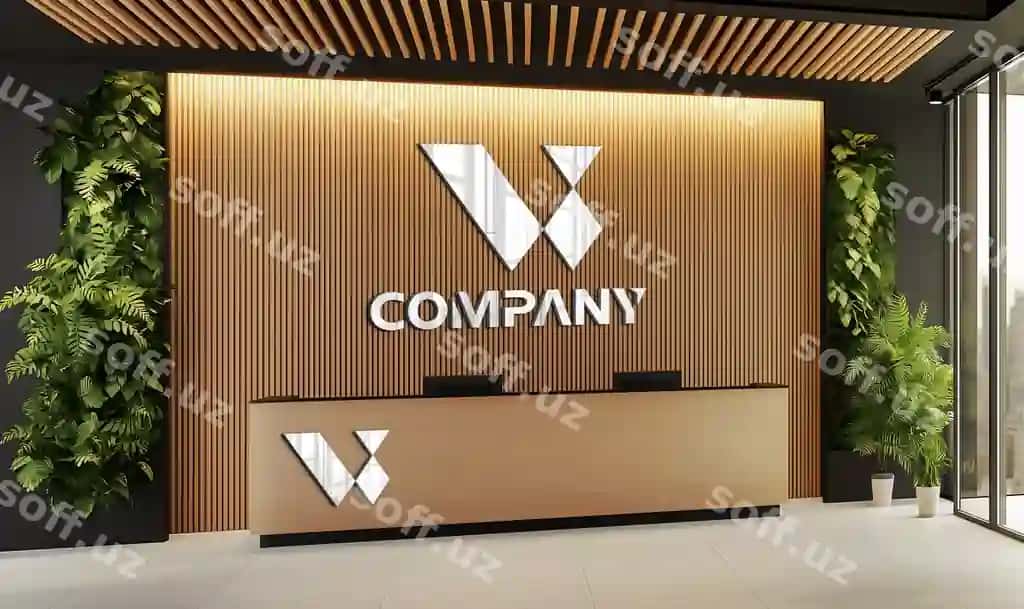 Oltin ofis qabul mezoni logotip mockup | Gold office reception desk logo mockup