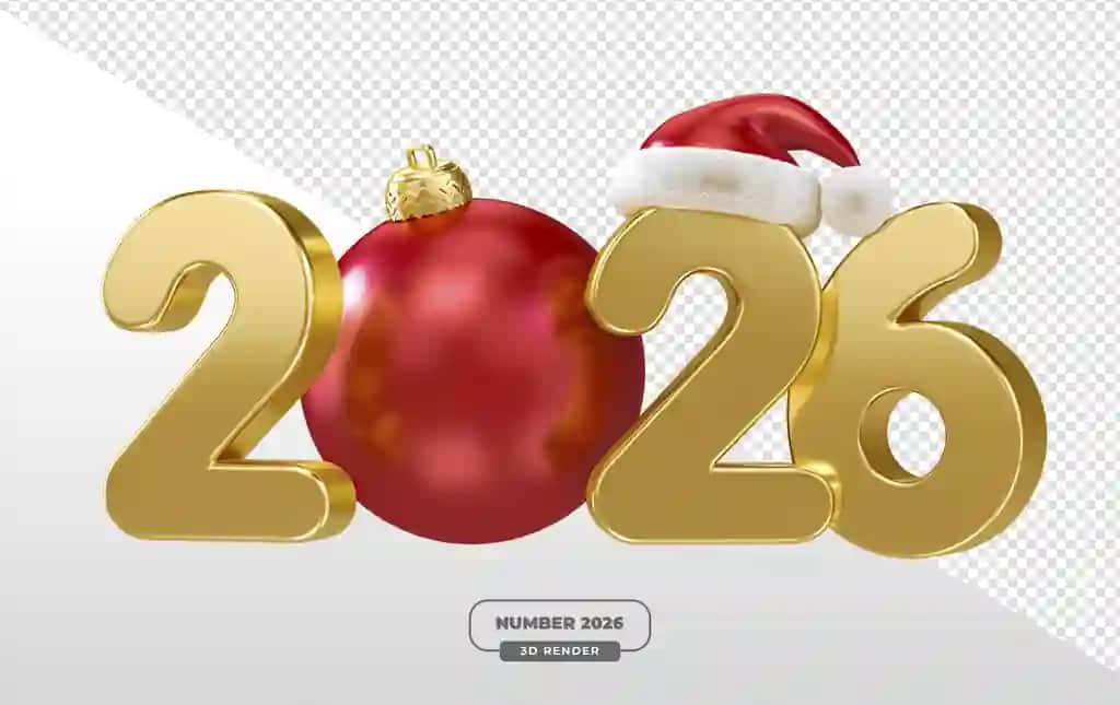 Oltin 2026 yilgi Rojdestvo tipografiyasi shaffof fon bilan 3D render | Golden 2026 christmas typography 3d render with transparent background