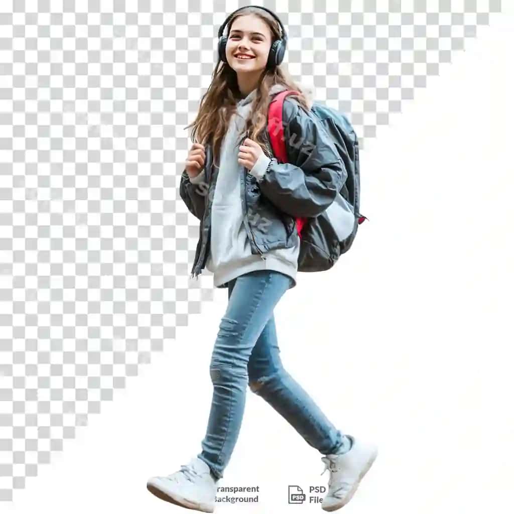 Shaffof fonda ryukzakli quloqchinli quvnoq o'smir | Cheerful teenager with backpack headphones transparent background