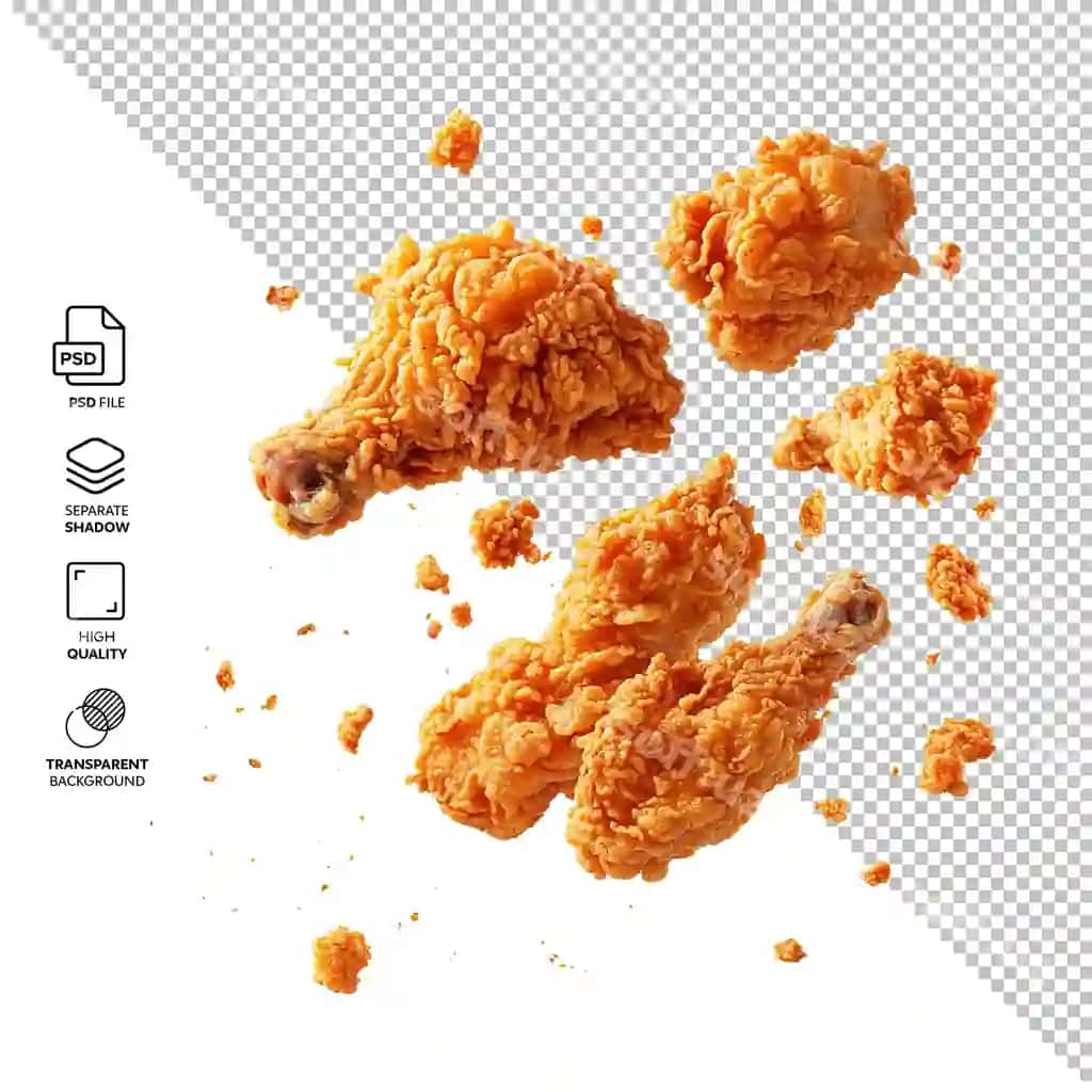Qovurilgan tovuq fonsiz uchib ketmoqda | Crispy fried chicken flying isolated without background