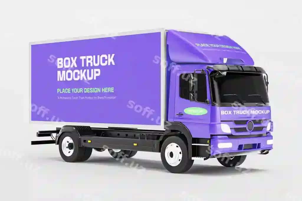 3d renderlangan boksli yuk avtomobili modeli oldingi o'ng perspektivli ko'rinish | 3d rendered box truck mockup front right perspective view