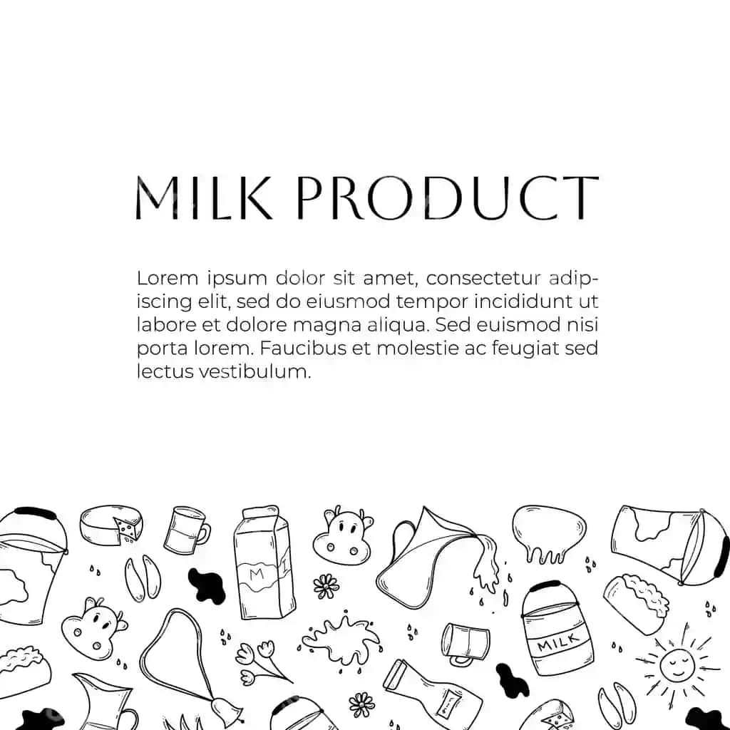 Chizma baner, sut mahsulotlari, bo'sh matn joyi, oq fonda | Doodle banner with milk products with free place text white background