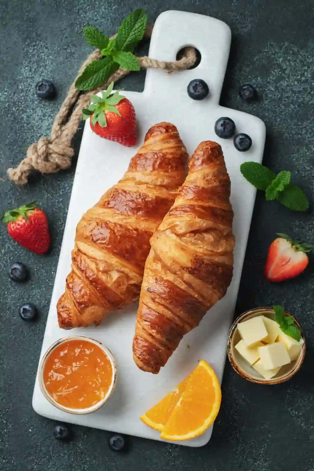 Sariyog 'apelsinli murabbo qo'shilgan yangi shirin kruassanlar kontinental nonushta qorong'i beton fonda tepadan ko'rinishda | Fresh sweet croissants with butter orange jam breakfast continental breakfast dark concrete background top view flat lay