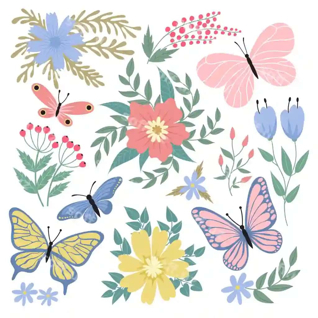 Mavjudlar gullar illustratsiyasi | Butterflies flowers illustration