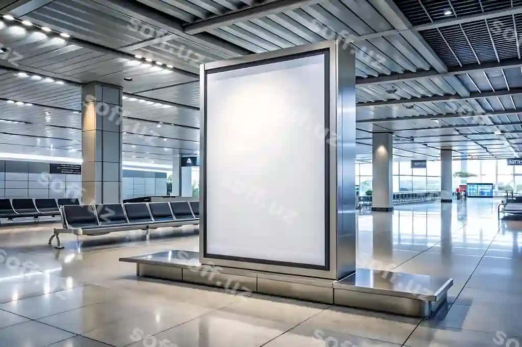 Bo'sh billboard zamonaviy aeroport terminali reklamasi | Blank billboard modern airport terminal advertising 2