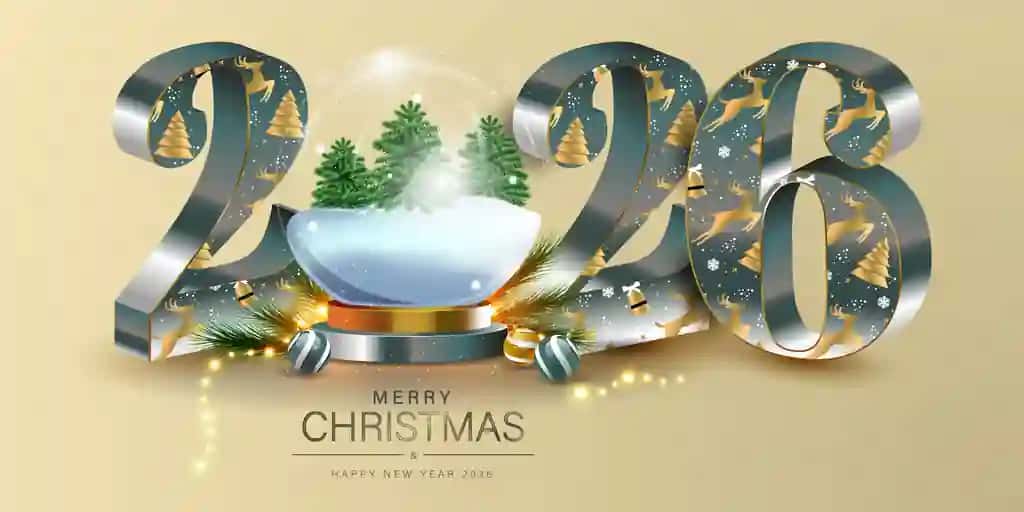 Rojdestvo 2026 bayrami 3D raqamlari qor globusining bug'u dizayni | Merry christmas 2026 festive 3d numbers snow globe reindeer design