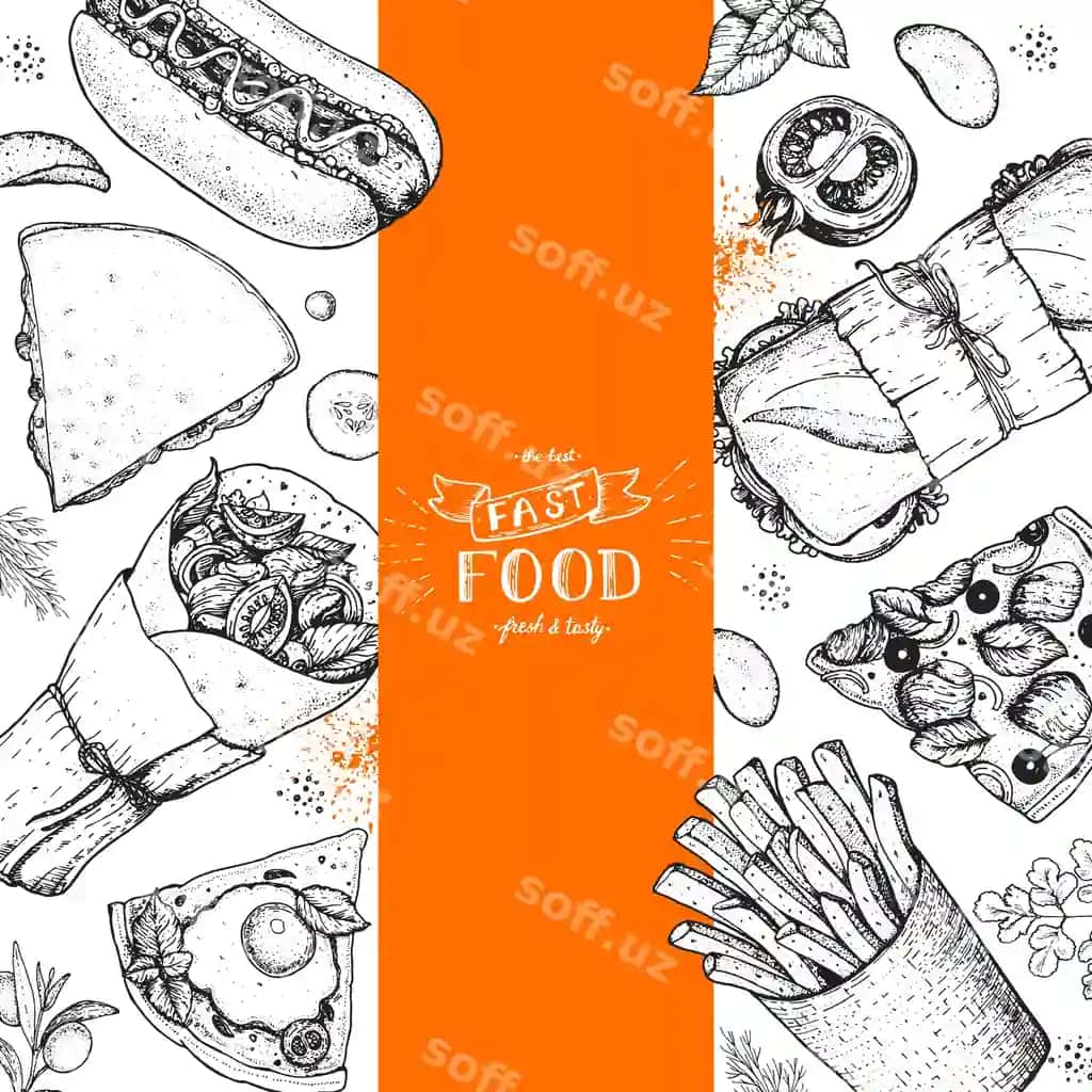 Fastfud qo'lda chizilgan eskizlar to'plami vektorli illyustratsiyali keraksiz narsalar | Fast food hand drawn sketch collection vector illustration junk