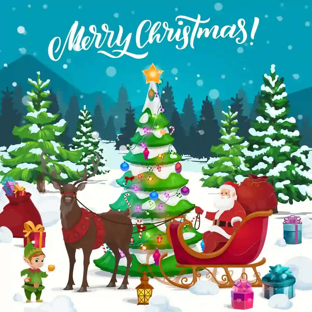 Qorbobo Rojdestvo sovg'alari bilan bug'u chanasi bilan | Santa with xmas gifts elf reindeer sleigh