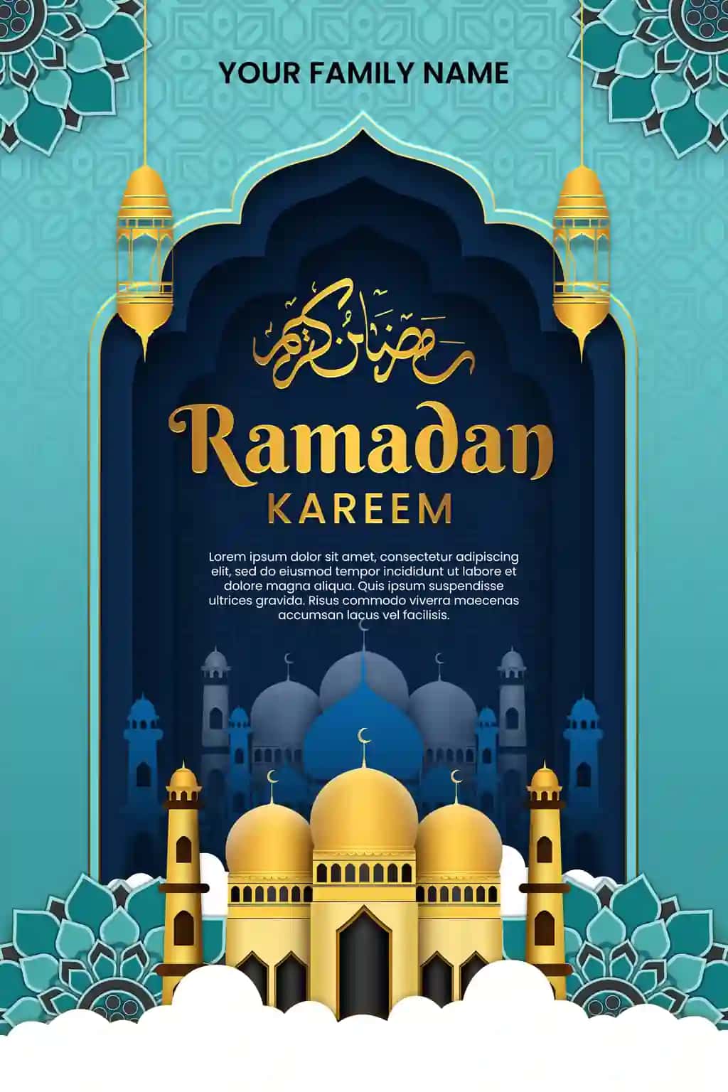 Moviy fonda masjid fonida Ramazon karim afishasi | Poster ramadan kareem with blue background mosque background