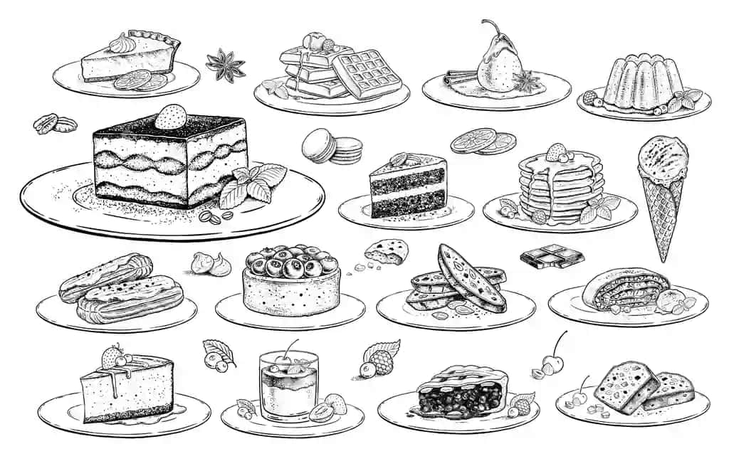 Chizma ikonkalar vintage vektor illustratsiyalari komplekti shirinliklar pechenyalari | Sketch icons vintage vector illustrations set desserts bakery