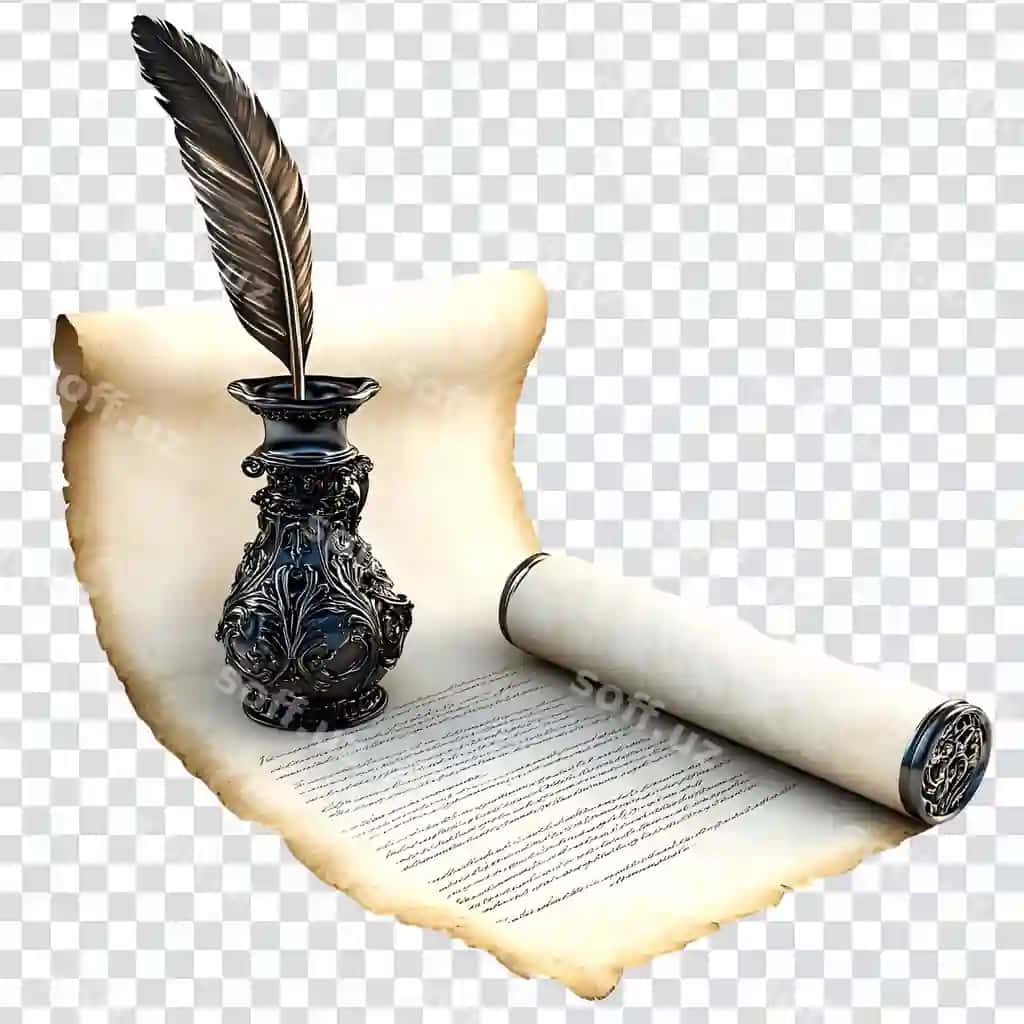 Bezakli qalamli qalam ochilgan pergament o'rami | Ornate quill pen unfurled parchment scroll
