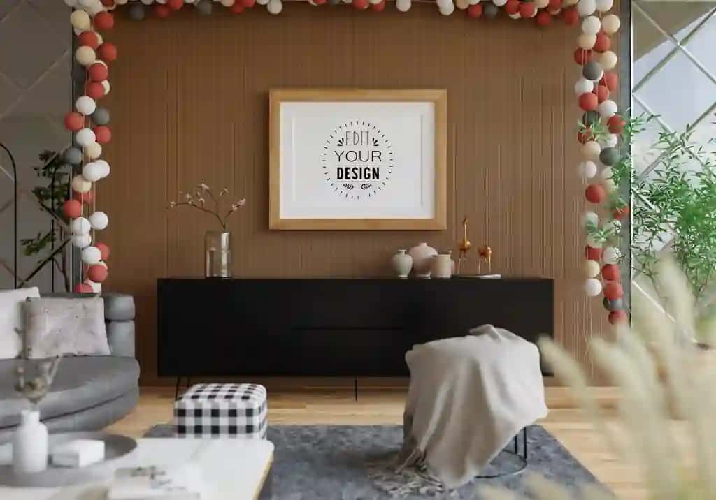 Yashash xonasi uchun plakat ramkasi psd maketi | Poster frame living room psd mockup