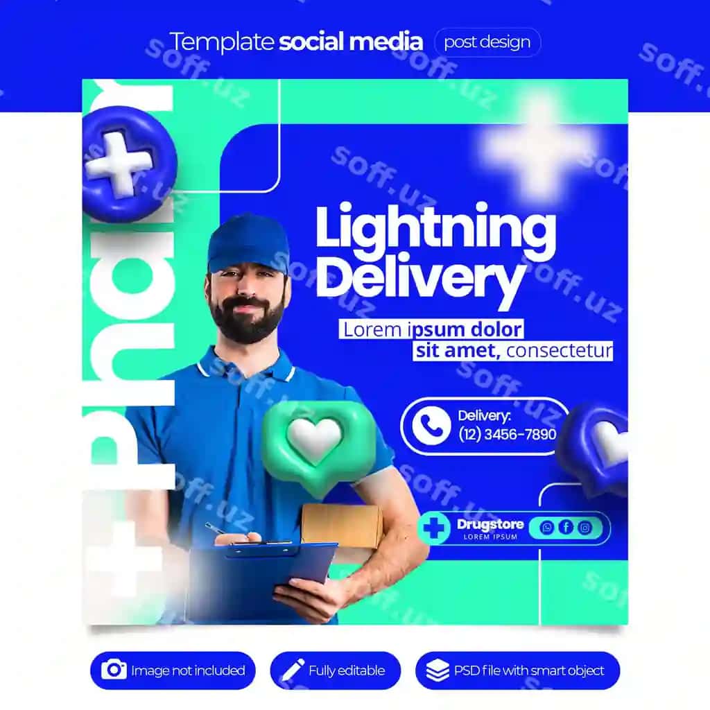 Psd chaqmoq yetkazib berish ijtimoiy media shablon dorixona | Psd lightning delivery social media template pharmacy