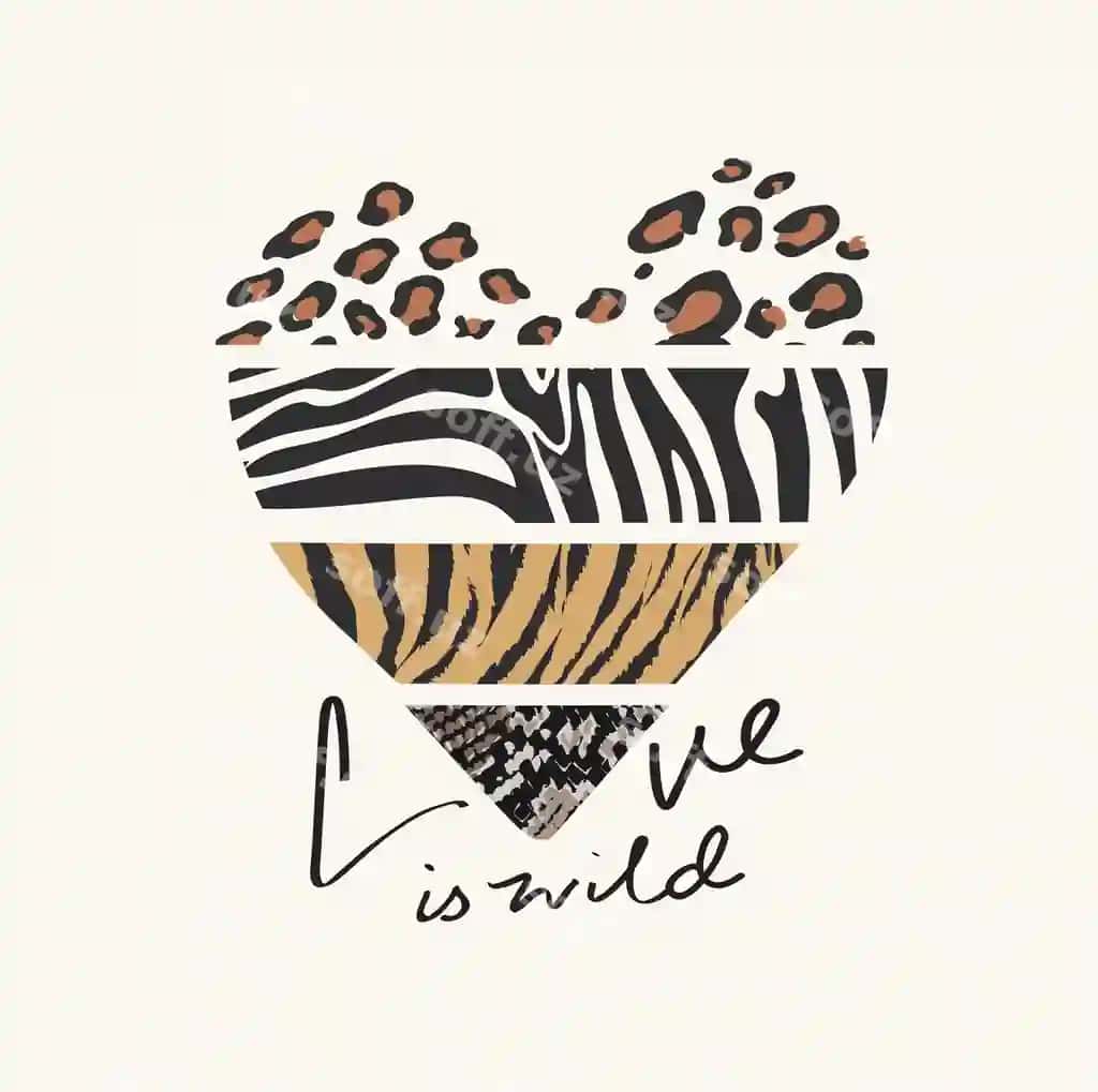 Sevgi - yovvoyi shior, yovvoyi hayvon terisi naqshli yurak shaklidagi rasm | Love is wild slogan with wild animal skin pattern heart shape illustration