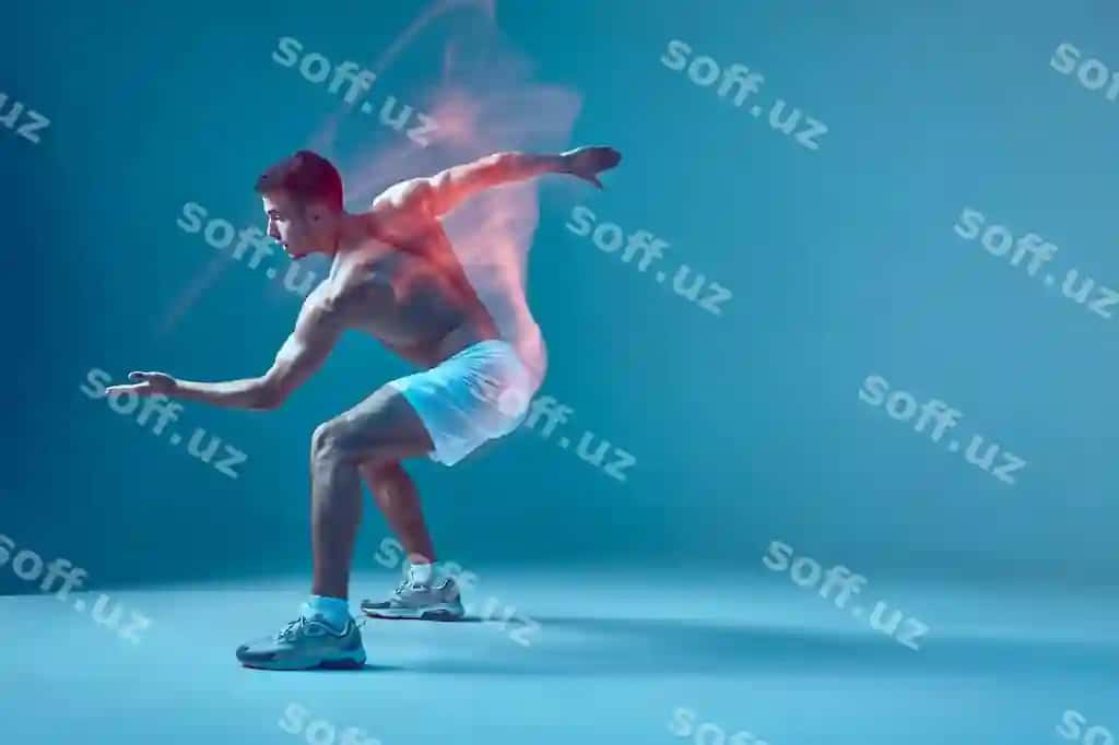 Zumba raqs yosh sog'liq kuchli erkak raqsqa, jismi yalpi yevropalik erkak, u oq shufton kiygan. | Zumba dance by young healthy strong male dancer with bare body european man wearing white shorts