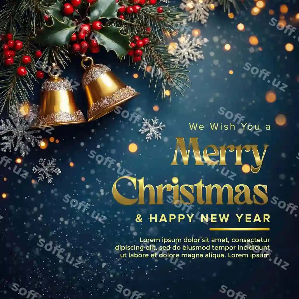 Yuldu chirmog' yolka ko'k fon Yuldu tabrikchi karta ijtimoiy | Christmas bell fir blue background christmas greeting card social