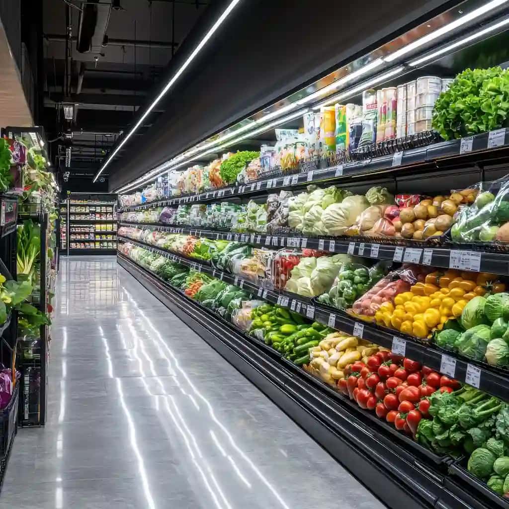 Yorqin yoritilgan supermarket yo'lagi yangi mahsulotlar bilan to'ldirilgan | Brightly lit supermarket aisle filled with fresh produce